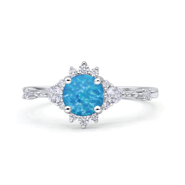 Halo Art Deco Rhodium Plated Round Lab Created Blue Opal Statement Fashion Ring 925 Sterling Silver
